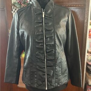 Baccini Black Faux Leather Jacket with Ruffle Detail